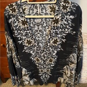 Free People Black and White Floral and Bird Blouse